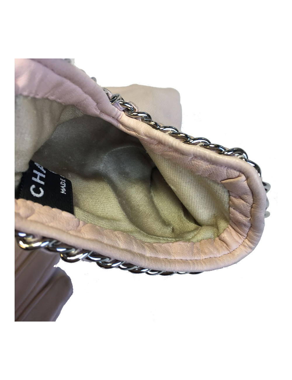 Gants CHANEL cuir d'agneau rose pâle et chaine argentée taille 8