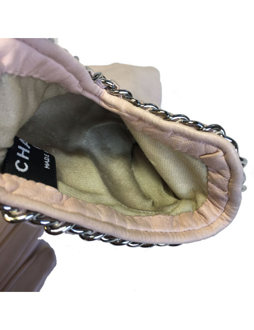 Gants CHANEL cuir d'agneau rose pâle et chaine argentée taille 8