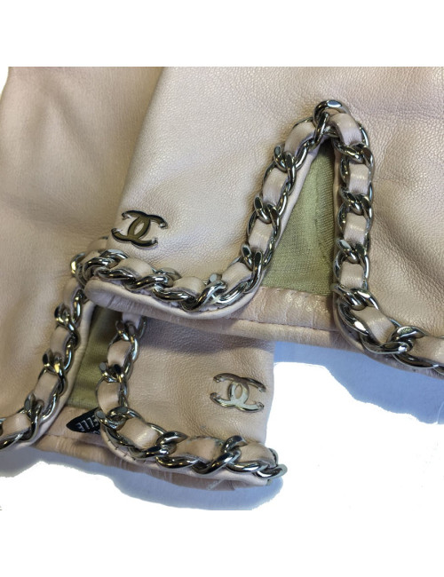 Gants CHANEL cuir d'agneau rose pâle et chaine argentée taille 8