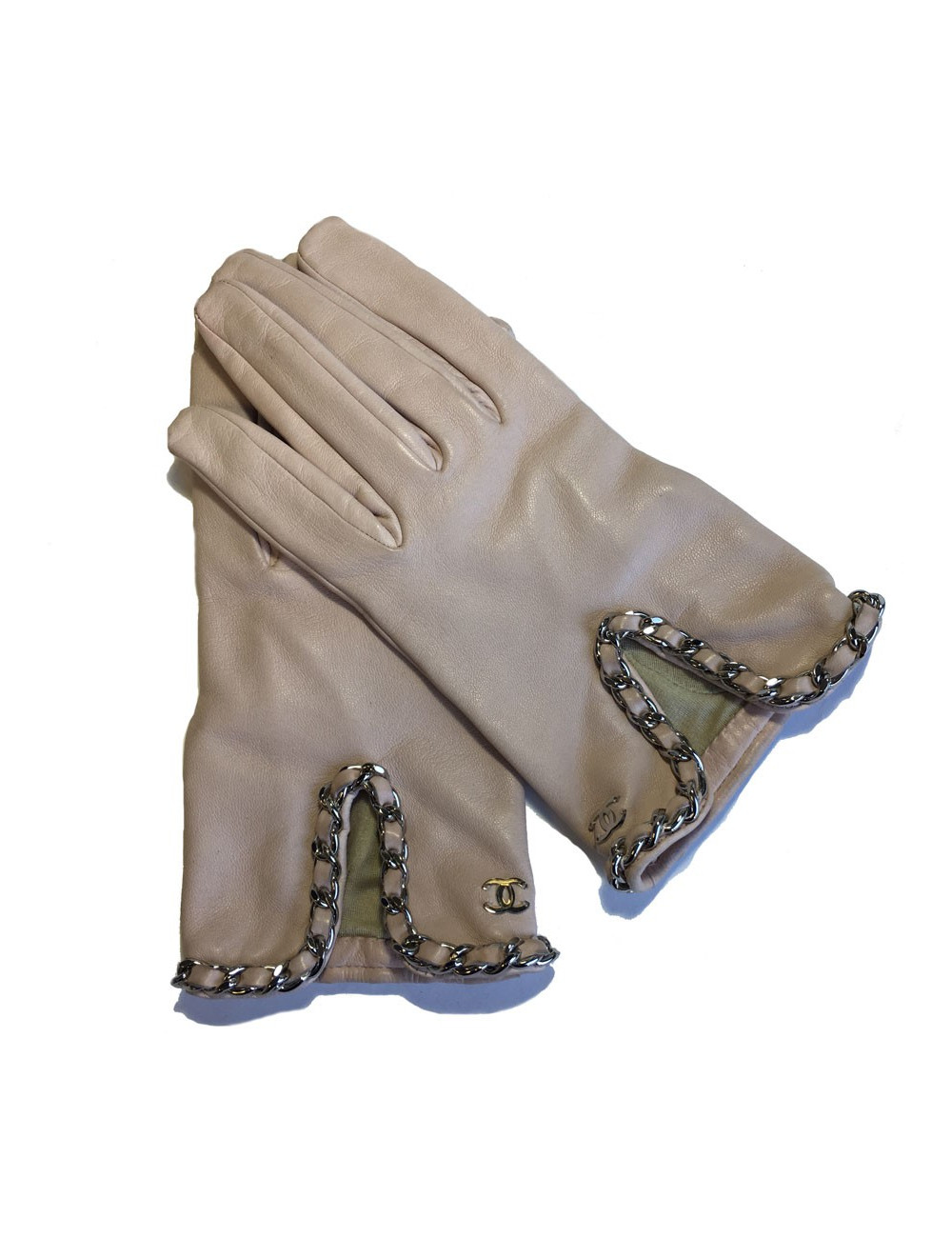 Gants CHANEL cuir d'agneau rose pâle et chaine argentée taille 8