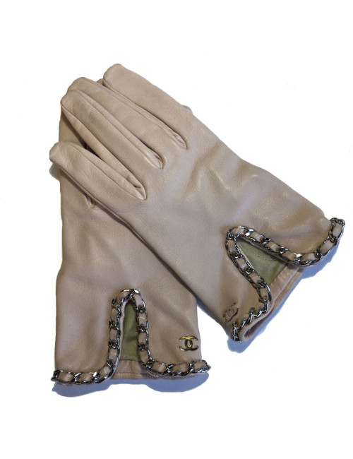 Gants CHANEL cuir d'agneau rose pâle et chaine argentée taille 8