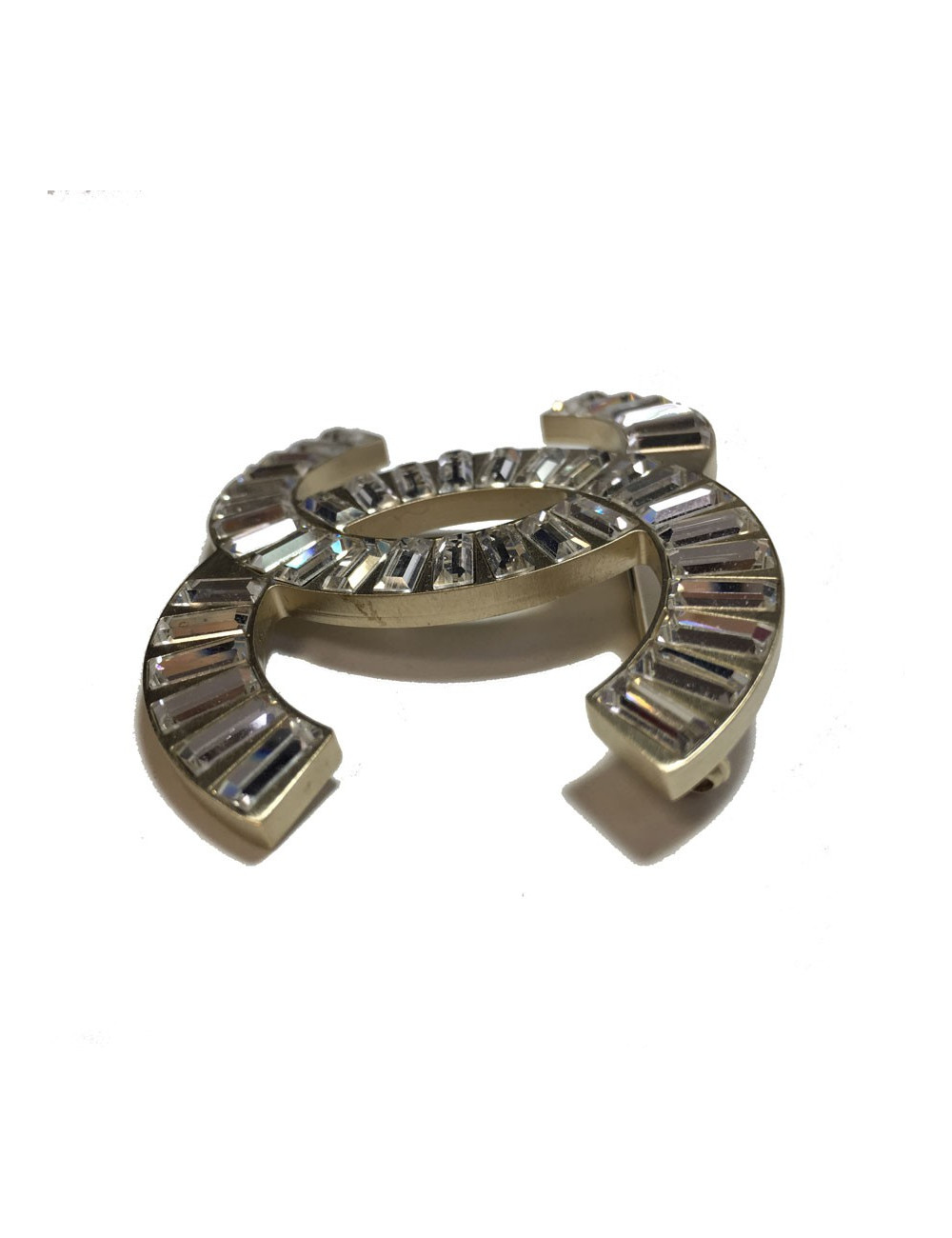 Broche CHANEL CC en strass et métal doré or pâle