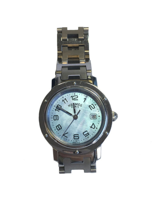 HERMES Clipper watch, medium size, pearlescent blue face