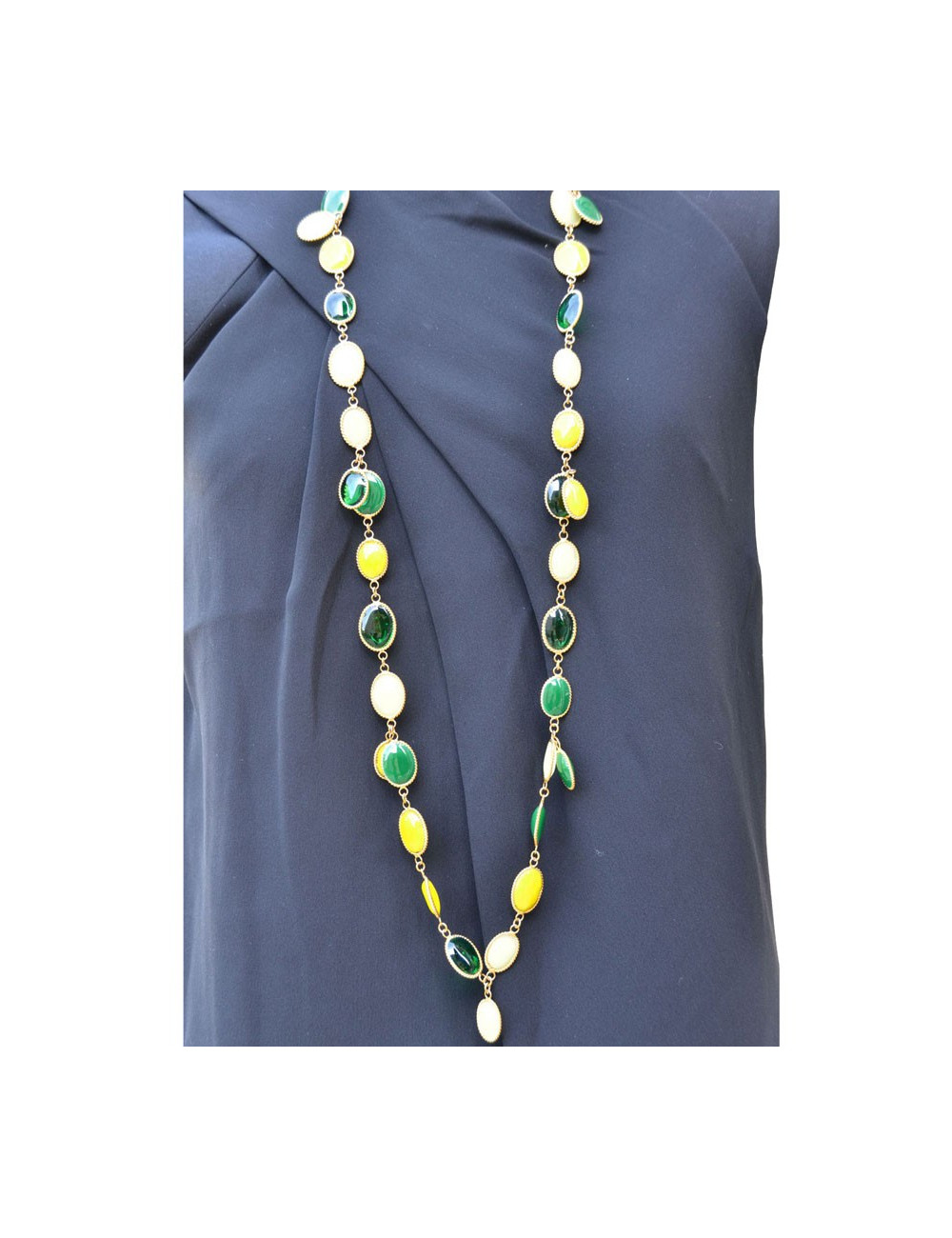 Sautoir cabochons MARGUERITE DE VALOIS en pâte de verre jaune et émeraude