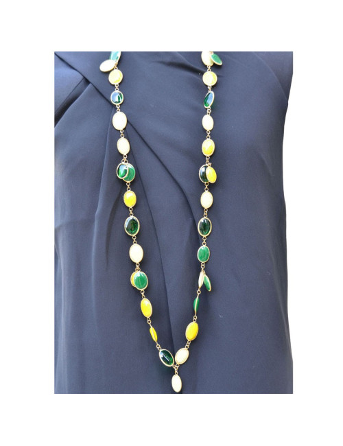 Sautoir cabochons MARGUERITE DE VALOIS en pâte de verre jaune et émeraude