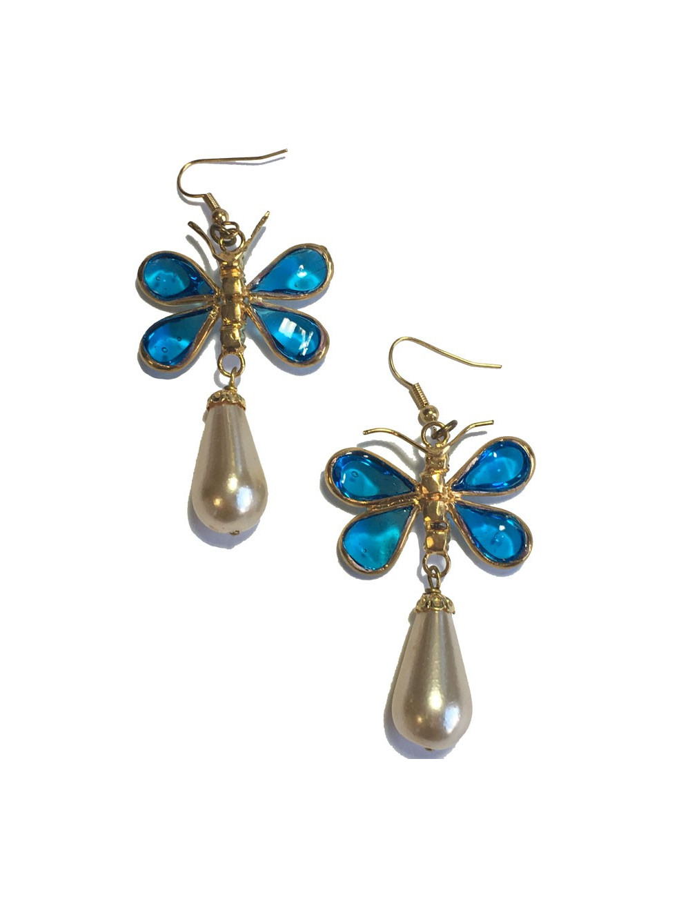 MARGUERITE DE VALOIS blue molten glass, pearly beads and rhinestones butterfly pierced earrings