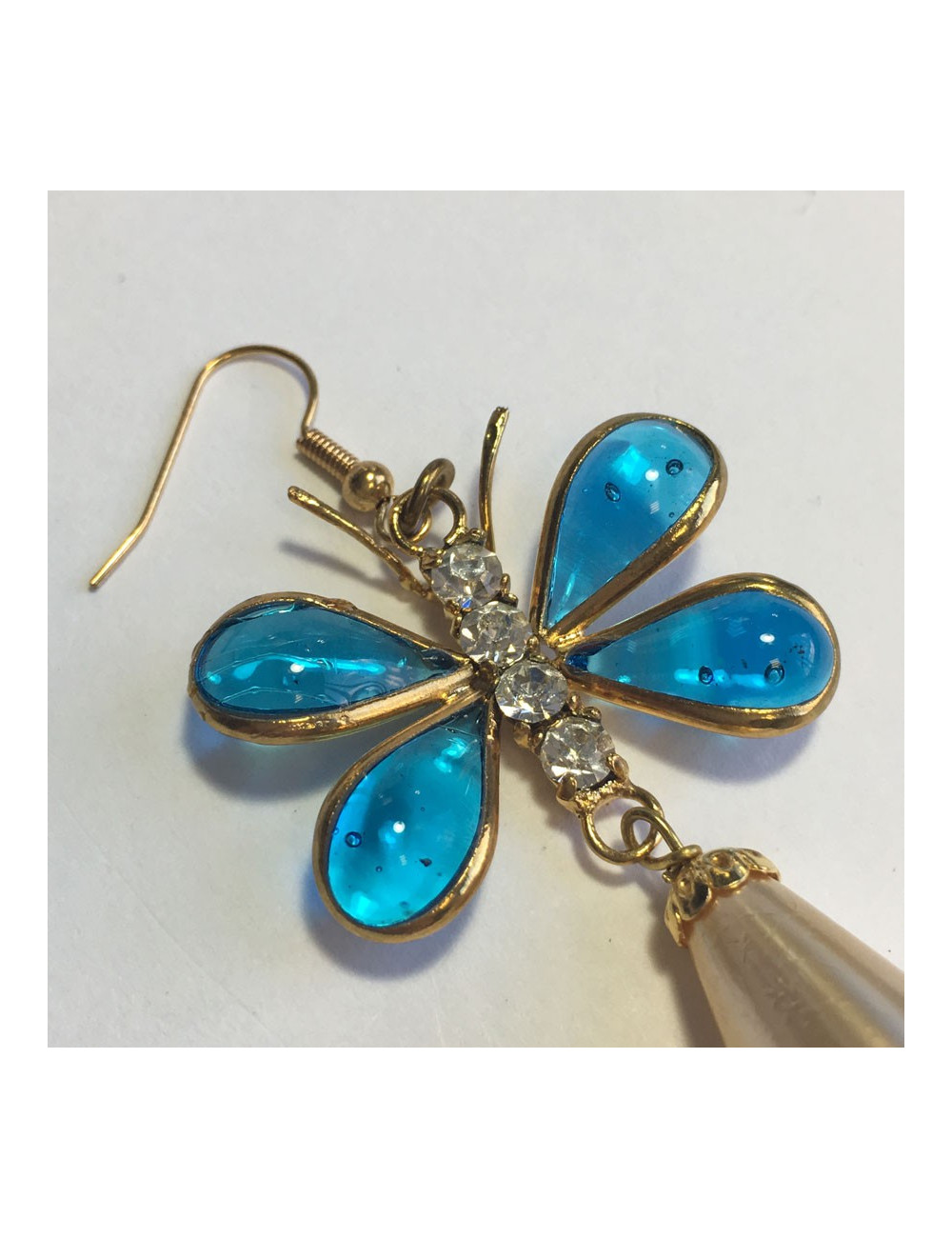 MARGUERITE DE VALOIS blue molten glass, pearly beads and rhinestones butterfly pierced earrings