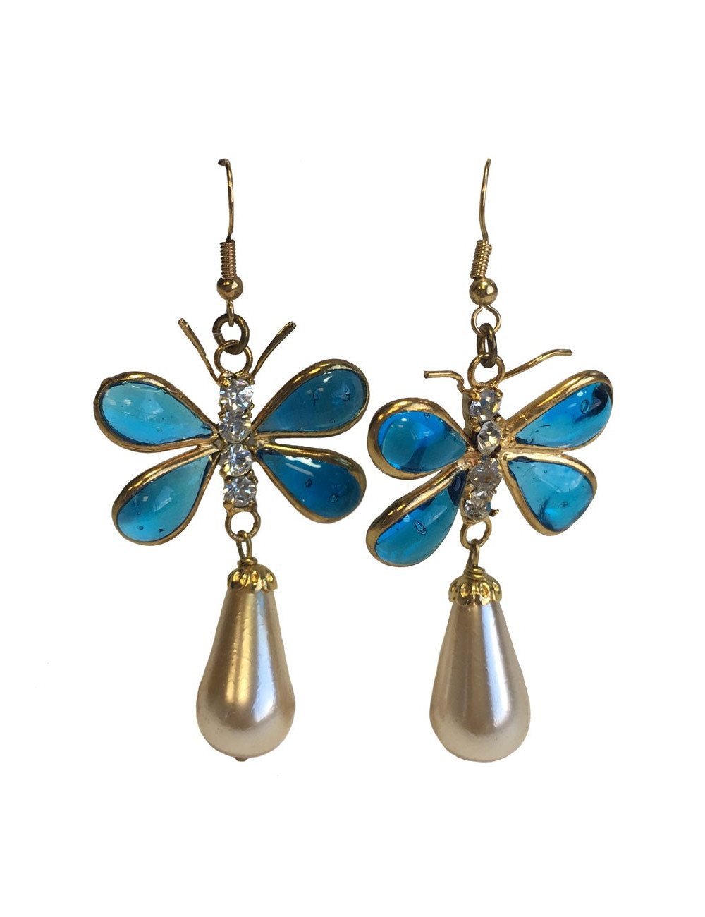 MARGUERITE DE VALOIS blue molten glass, pearly beads and rhinestones butterfly pierced earrings