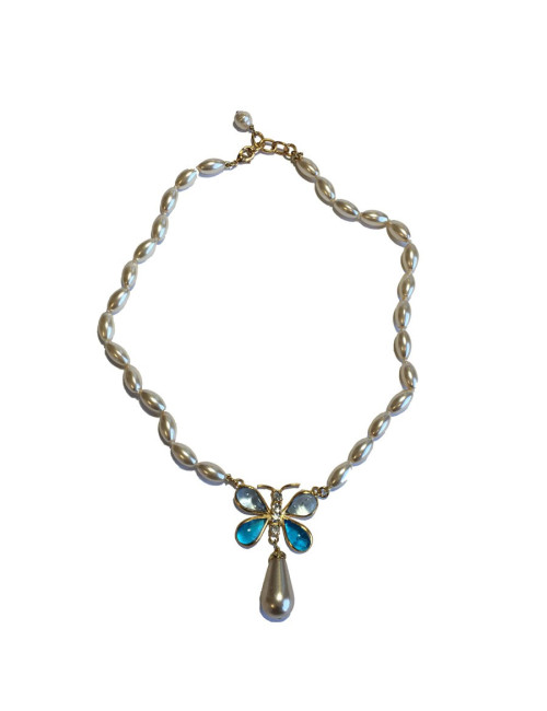 Collier MARGUERITE DE VALOIS papillon en perles en pâte de verre nacrée, bleue et strass 