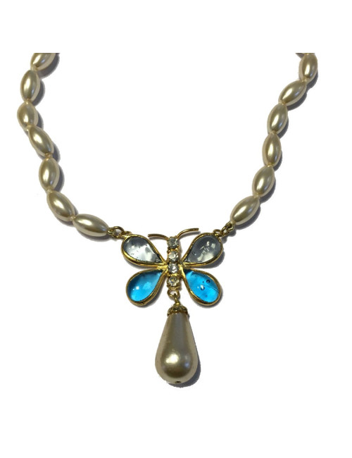Collier MARGUERITE DE VALOIS papillon en perles en pâte de verre nacrée, bleue et strass 