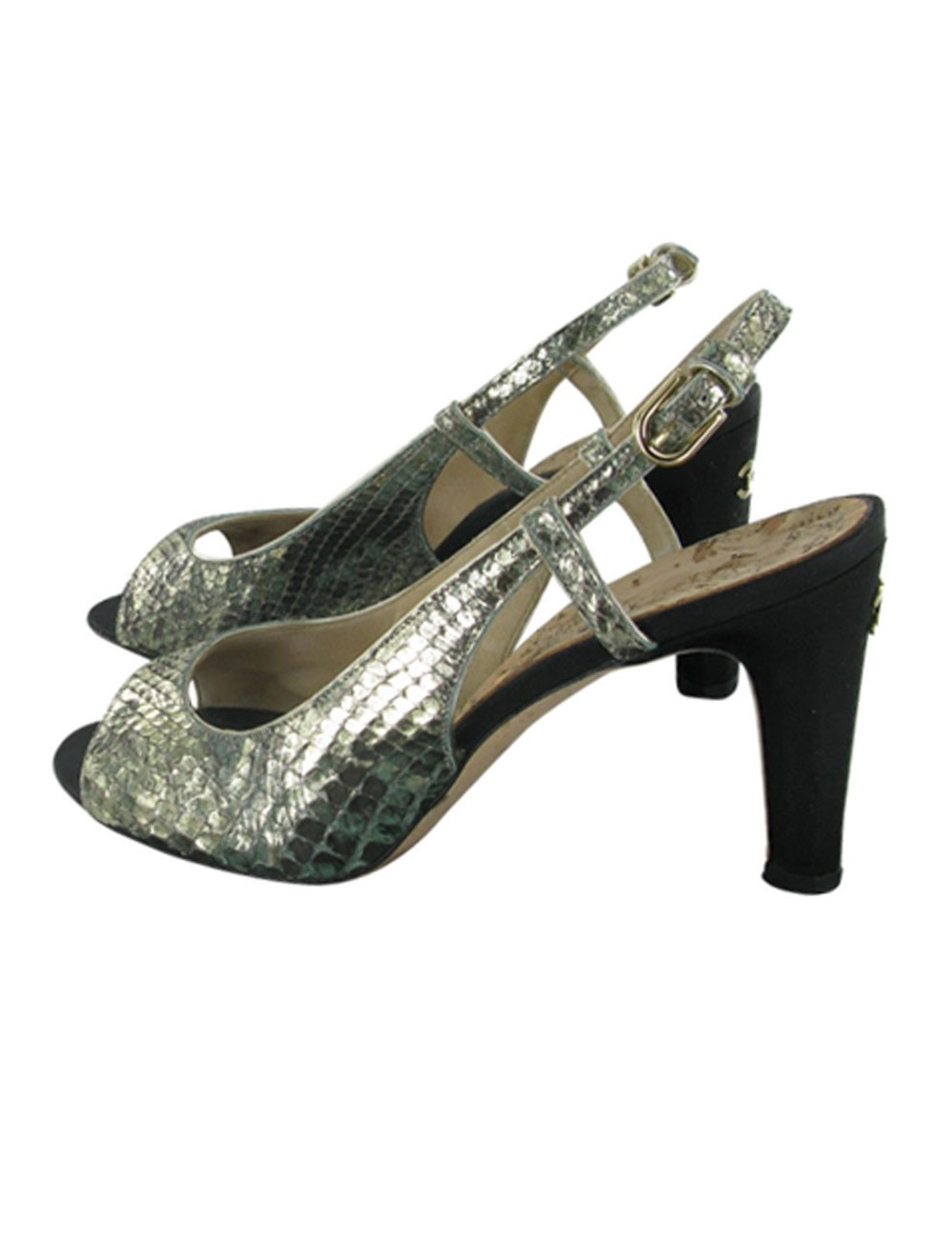 Sandales T 37 CHANEL en python gris argent