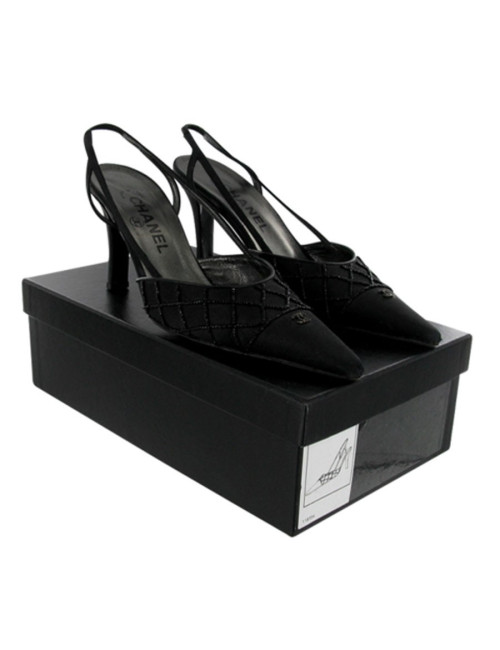 Couture t 36.5 CHANEL silk sandal black pearls