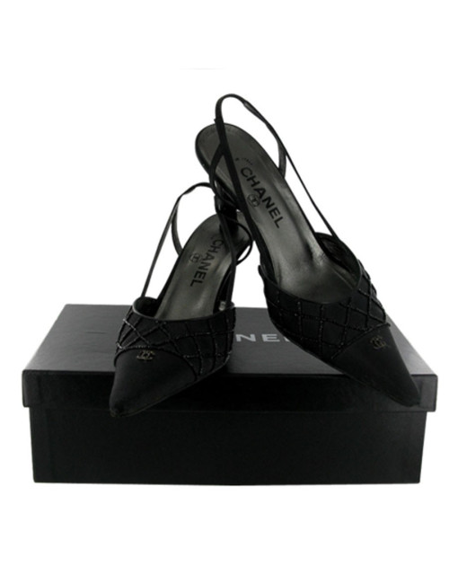 Couture t 36.5 CHANEL silk sandal black pearls