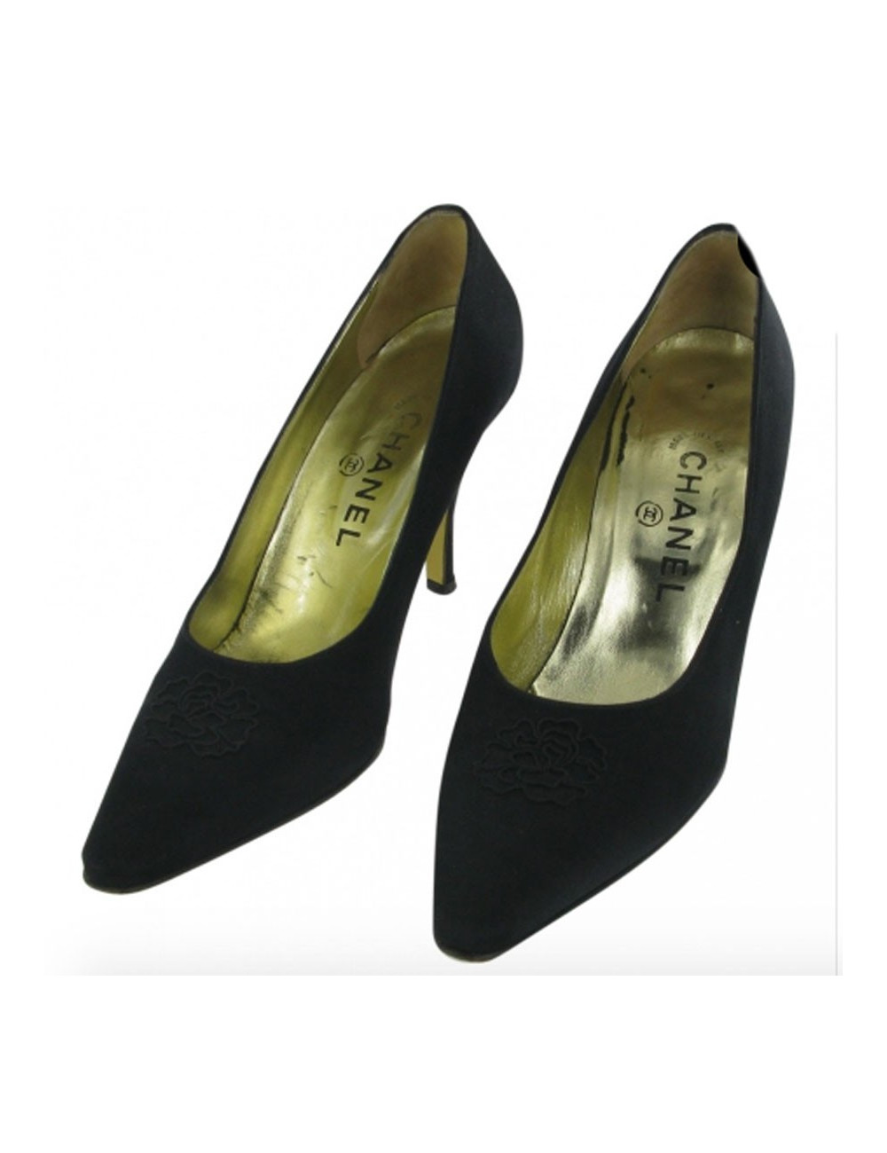 Escarpins couture T 38 CHANEL en satin duchesse noir