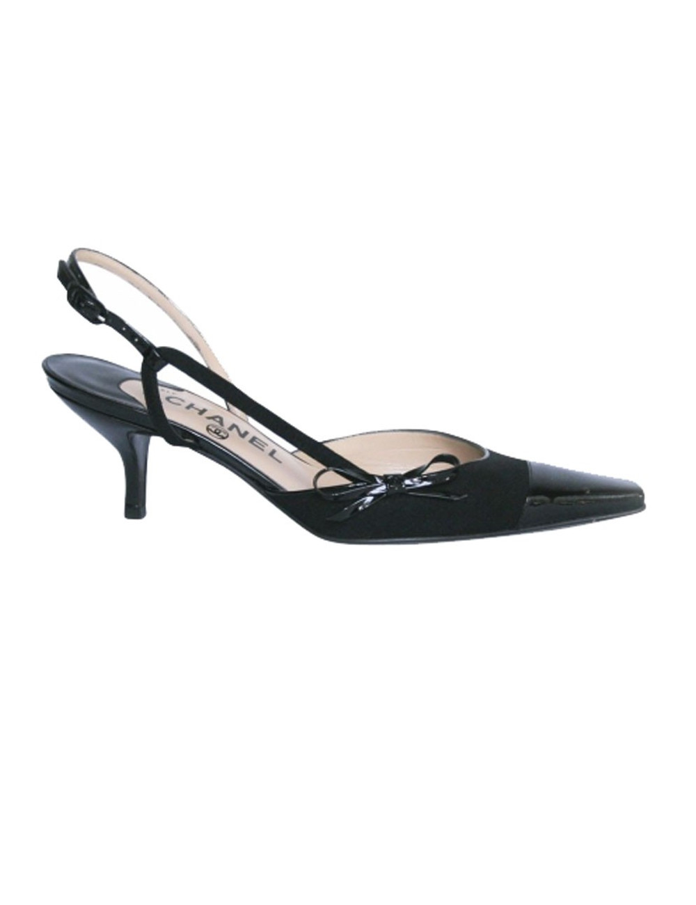 Escarpins CHANEL T36,5 cuir vernis noir et tissu