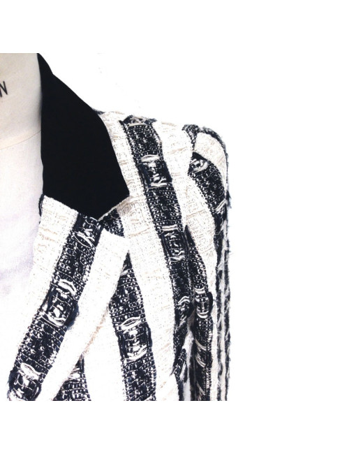 Veste CHANEL en tweed et dentelle Lesage noire et écrue T40