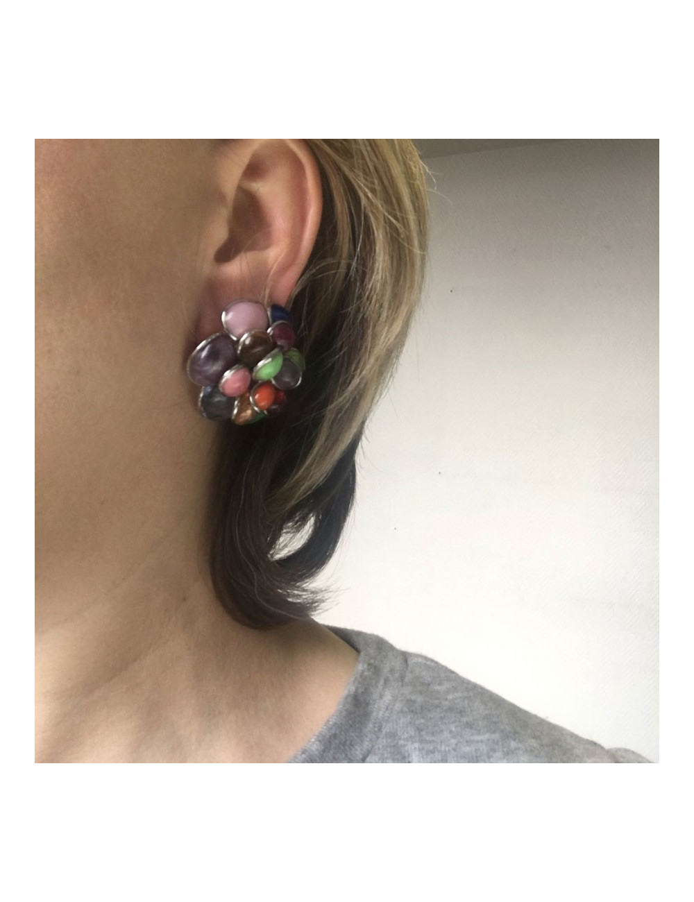 Boucles d'oreille clips MARGUERITE DE VALOIS  en pâte de verre multicolore