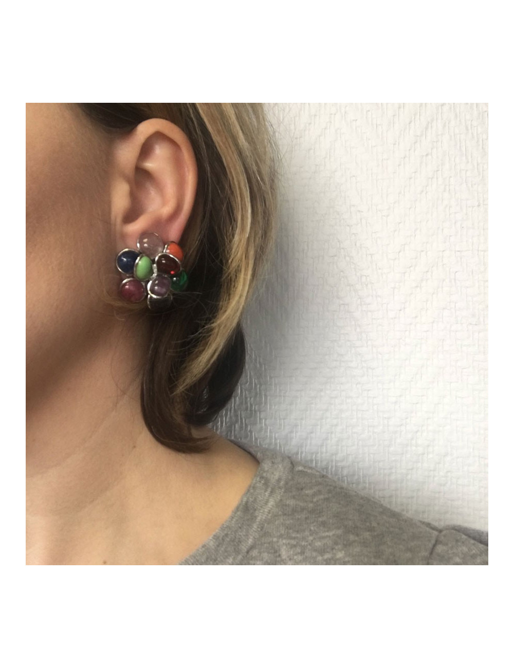 Boucles d'oreille clips MARGUERITE DE VALOIS en pâte de verre multicolore