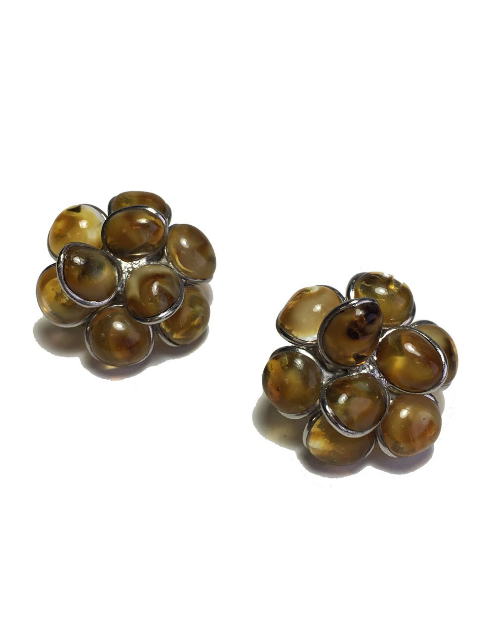 Boucles d'oreille clips MARGUERITE DE VALOIS fleur en pâte de verre  couleur ambre