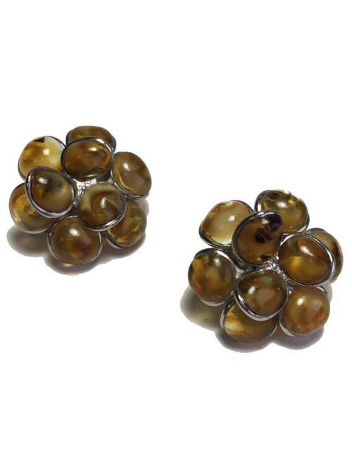 Boucles d'oreille clips MARGUERITE DE VALOIS fleur en pâte de verre  couleur ambre