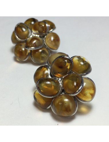 Boucles d'oreille clips MARGUERITE DE VALOIS fleur en pâte de verre  couleur ambre 2