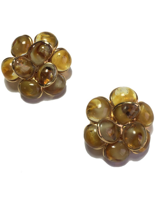 Boucles d'oreille clips  MARGUERITE DE VALOIS fleur en pâte de verre ambre