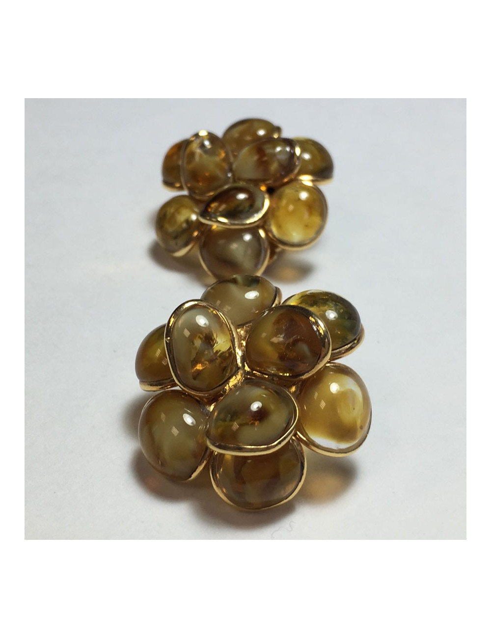 Boucles d'oreille clips  MARGUERITE DE VALOIS fleur en pâte de verre ambre