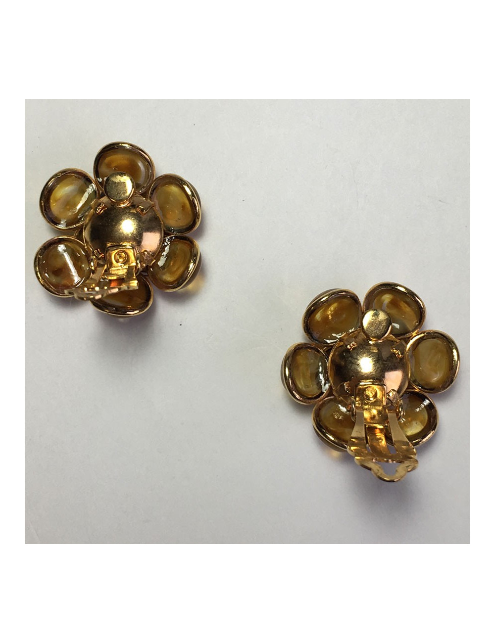 Boucles d'oreille clips  MARGUERITE DE VALOIS fleur en pâte de verre ambre