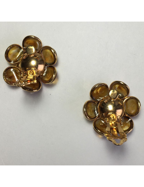 Boucles d'oreille clips  MARGUERITE DE VALOIS fleur en pâte de verre ambre