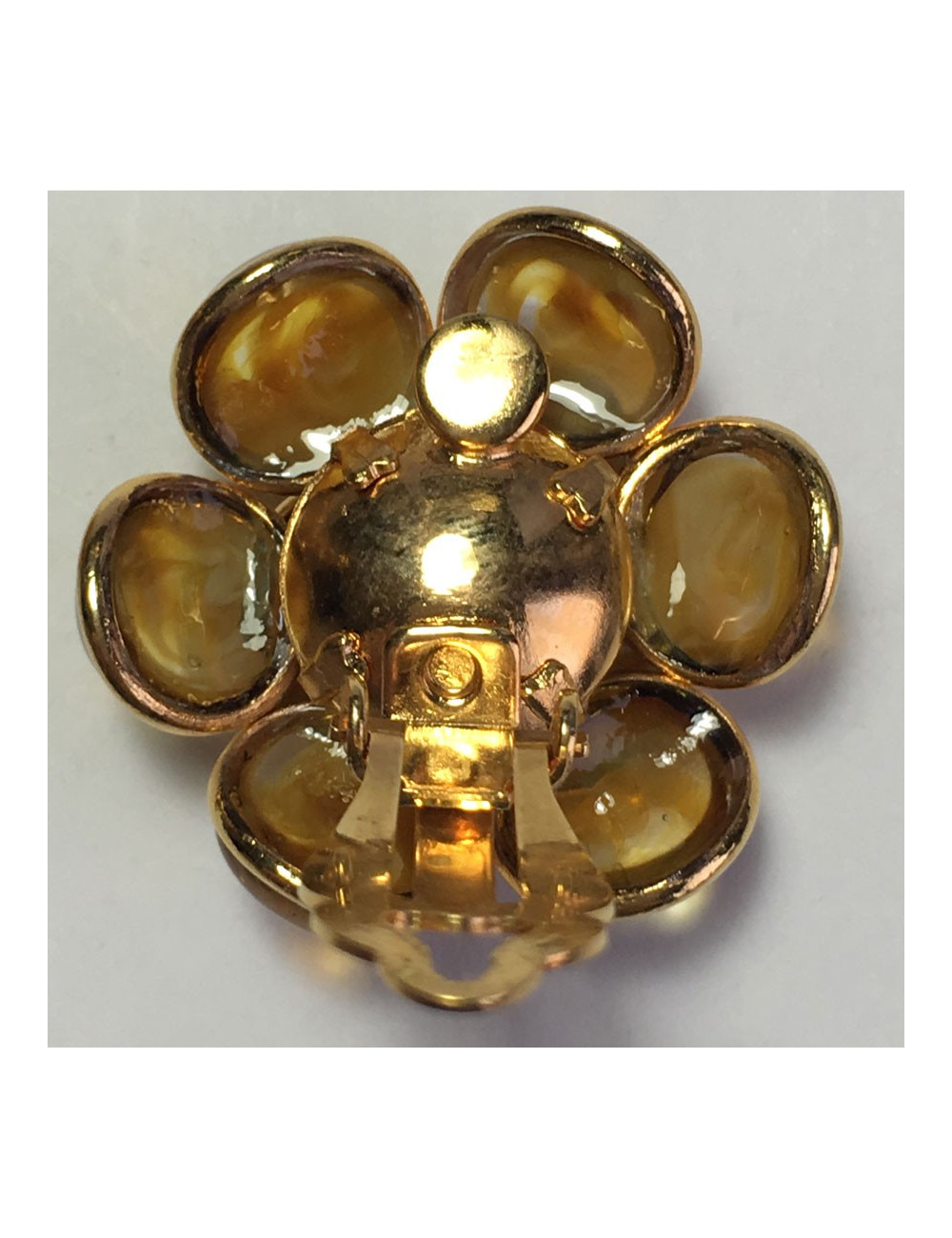 Boucles d'oreille clips  MARGUERITE DE VALOIS fleur en pâte de verre ambre