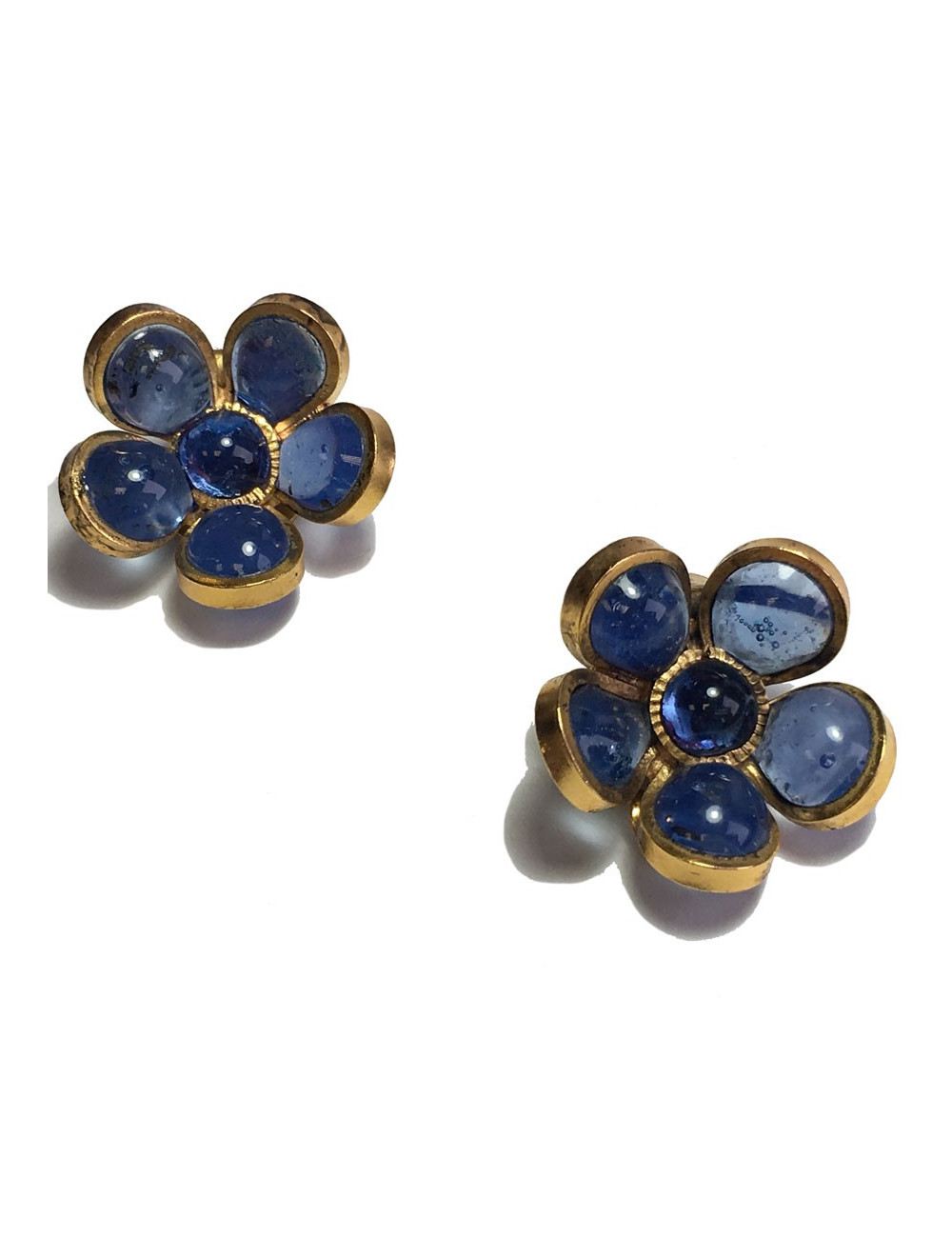 xxx Boucles d'oreille clips MARGUERITE DE VALOIS fleurette  en pâte de verre bleue
