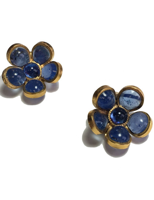 xxx Boucles d'oreille clips MARGUERITE DE VALOIS fleurette  en pâte de verre bleue