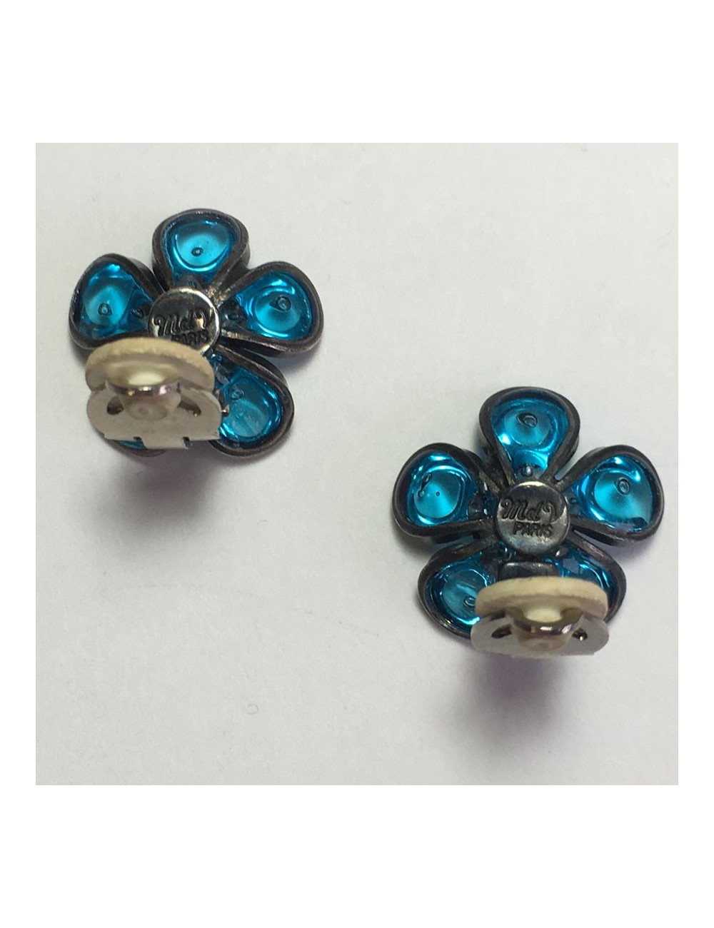 xxx Boucles d'oreille clips MARGUERITE DE VALOIS fleurette en pâte de verre bleu clair