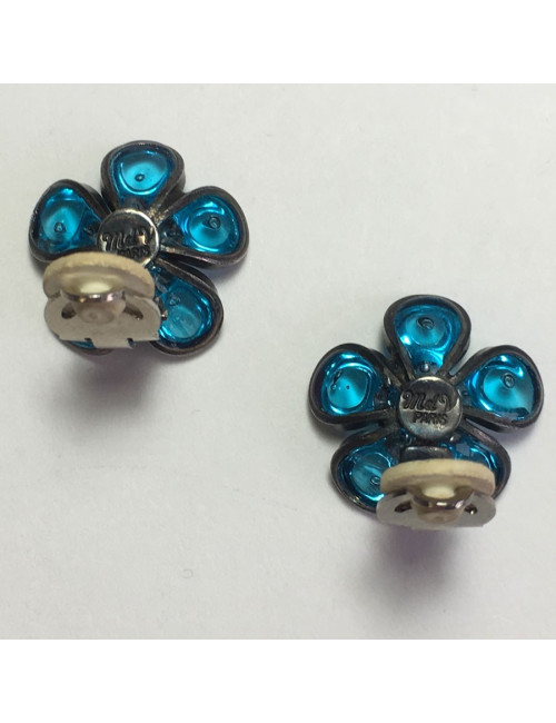 xxx Boucles d'oreille clips MARGUERITE DE VALOIS fleurette en pâte de verre bleu clair