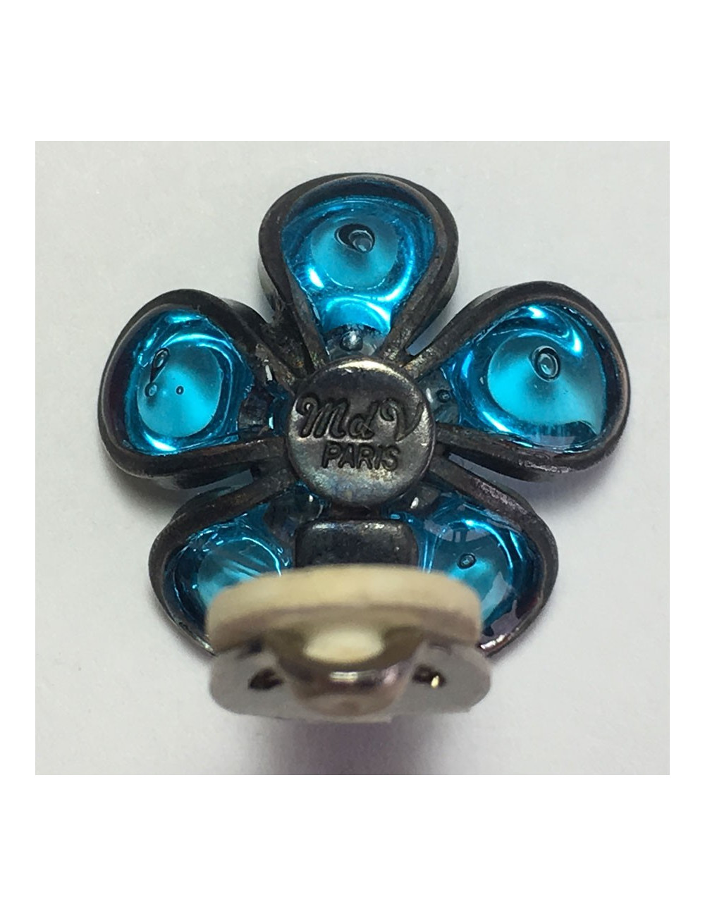 xxx Boucles d'oreille clips MARGUERITE DE VALOIS fleurette en pâte de verre bleu clair