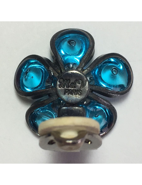 xxx Boucles d'oreille clips MARGUERITE DE VALOIS fleurette en pâte de verre bleu clair