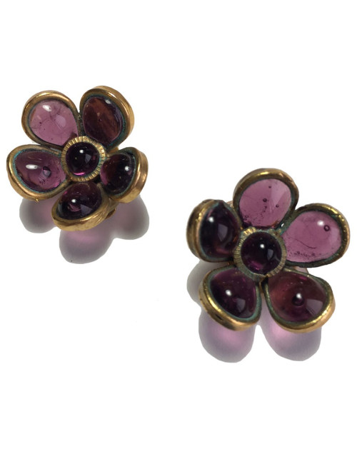 xxx Boucles d'oreille clips MARGUERITE DE VALOIS fleurette en pâte de verre violet