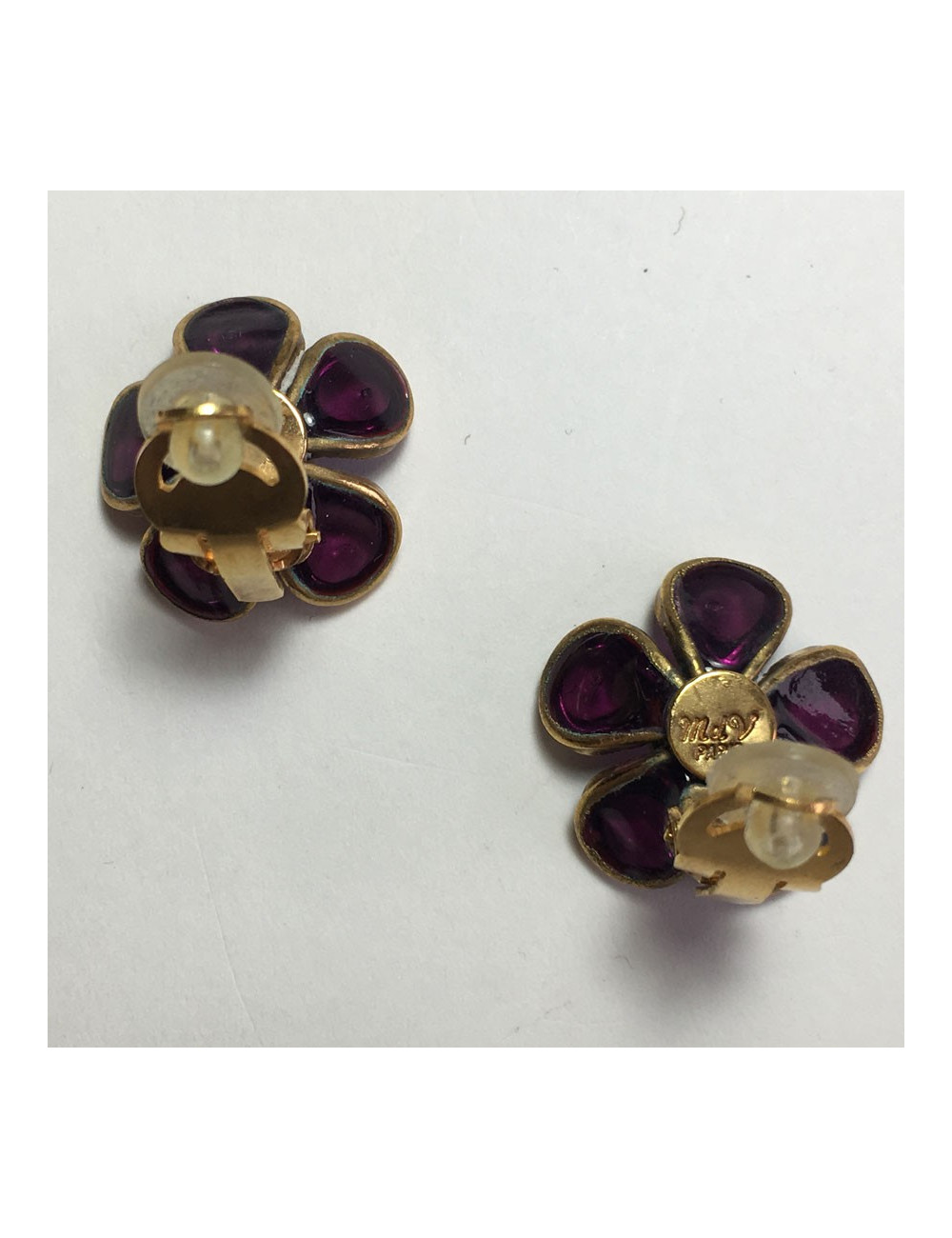 xxx Boucles d'oreille clips MARGUERITE DE VALOIS fleurette en pâte de verre violet