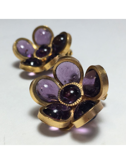xxx Boucles d'oreille clips MARGUERITE DE VALOIS fleurette en pâte de verre violet