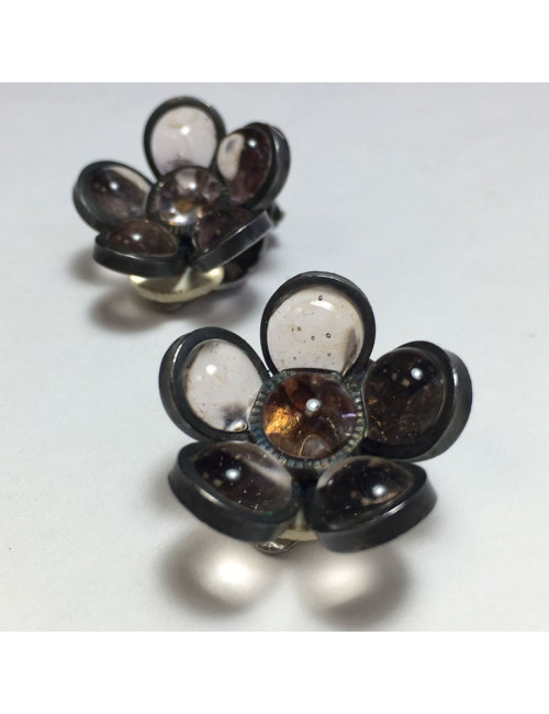 xxx Boucles d'oreille clips MARGUERITE DE VALOIS fleurette en pâte de verre transparente
