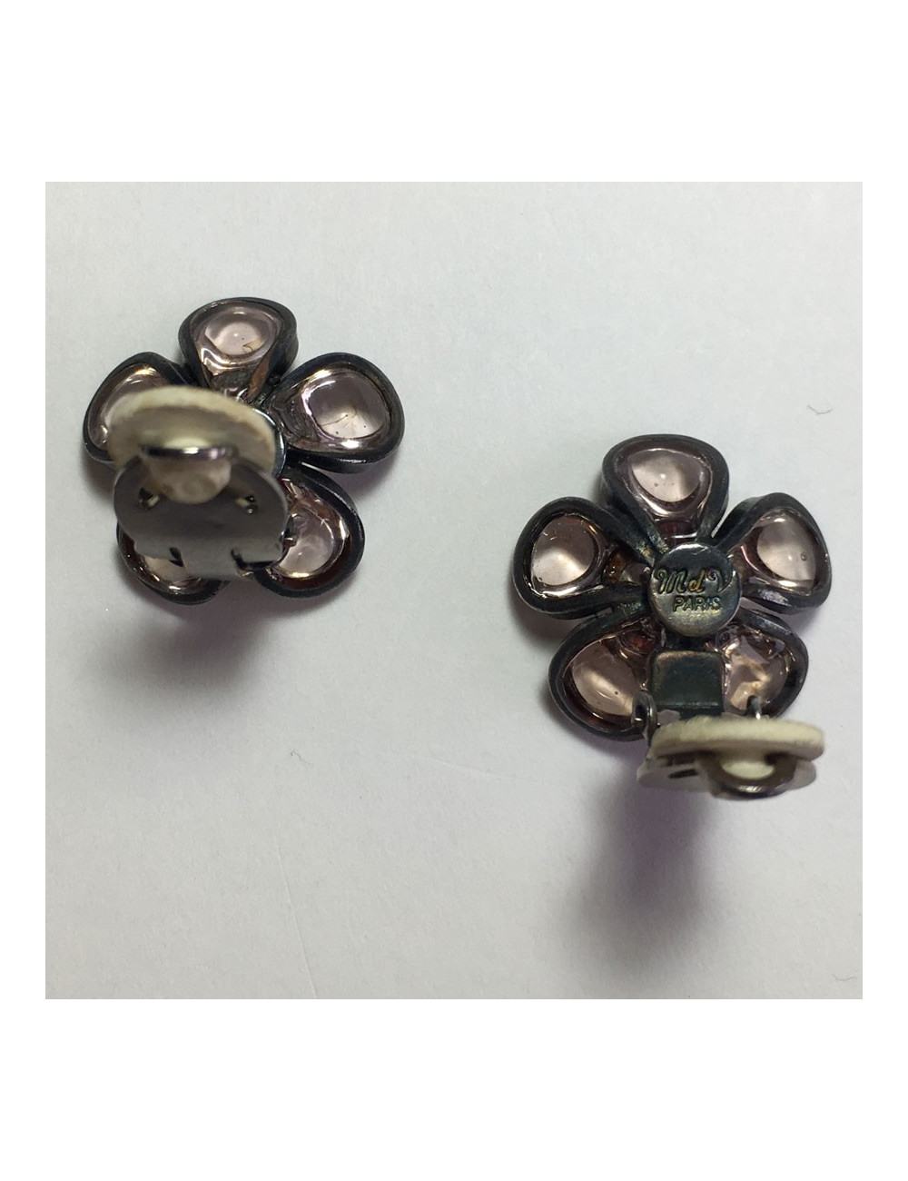 xxx Boucles d'oreille clips MARGUERITE DE VALOIS fleurette en pâte de verre transparente