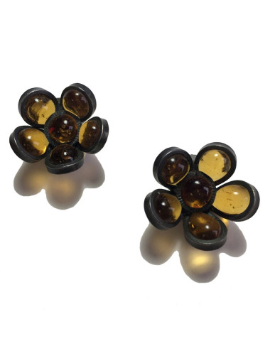xxx Boucles d'oreille clips MARGUERITE DE VALOIS fleurette en pâte de verre couleur citrine
