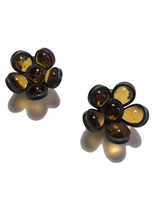 xxx Boucles d'oreille clips MARGUERITE DE VALOIS fleurette en pâte de verre couleur citrine