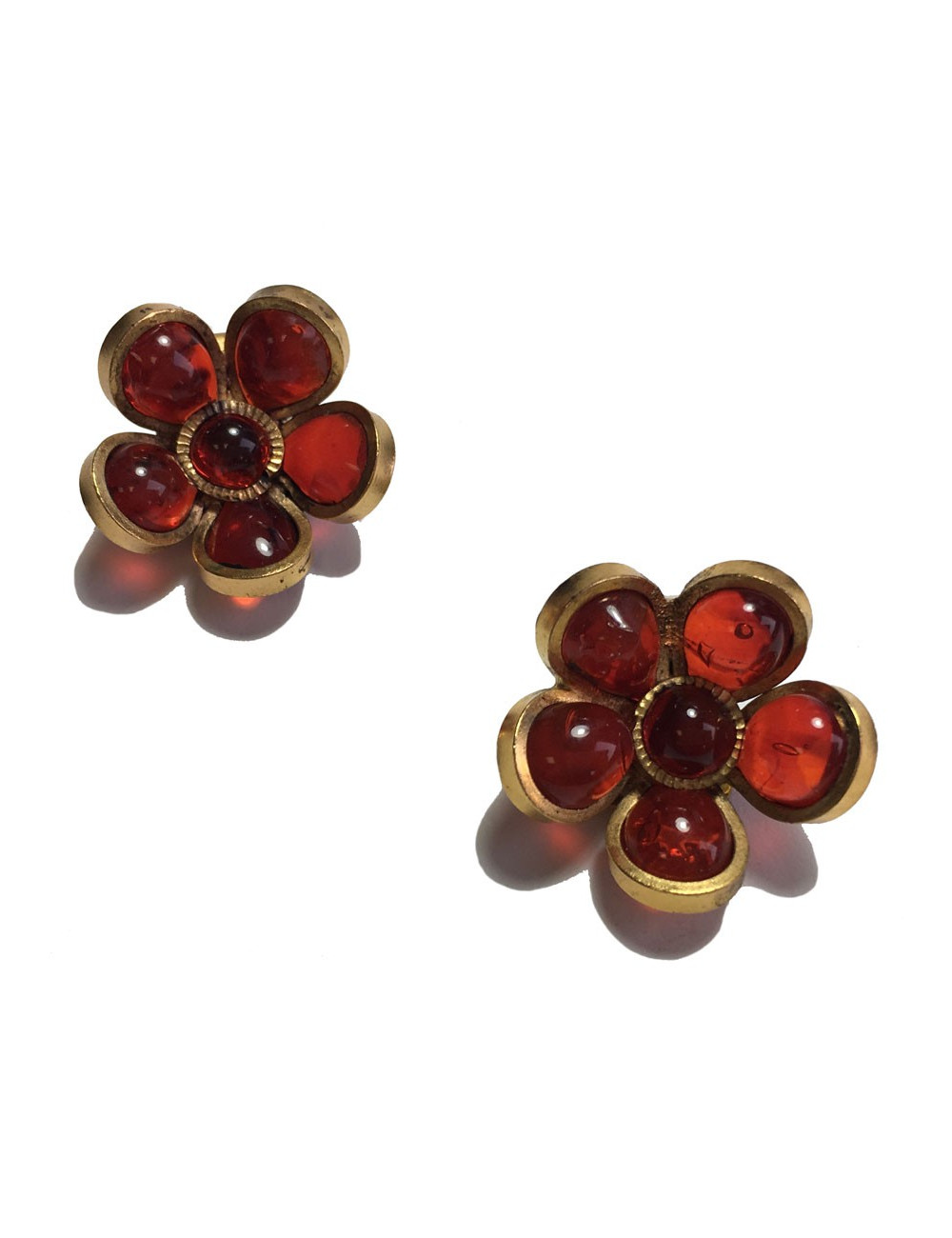 xxx Boucles d'oreille clips MARGUERITE DE VALOIS fleurette en pâte de verre rouge ambré