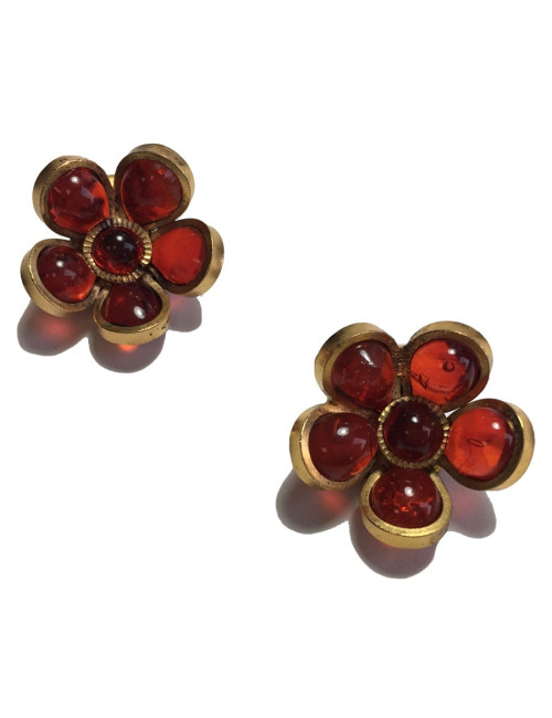 xxx Boucles d'oreille clips MARGUERITE DE VALOIS fleurette en pâte de verre rouge ambré
