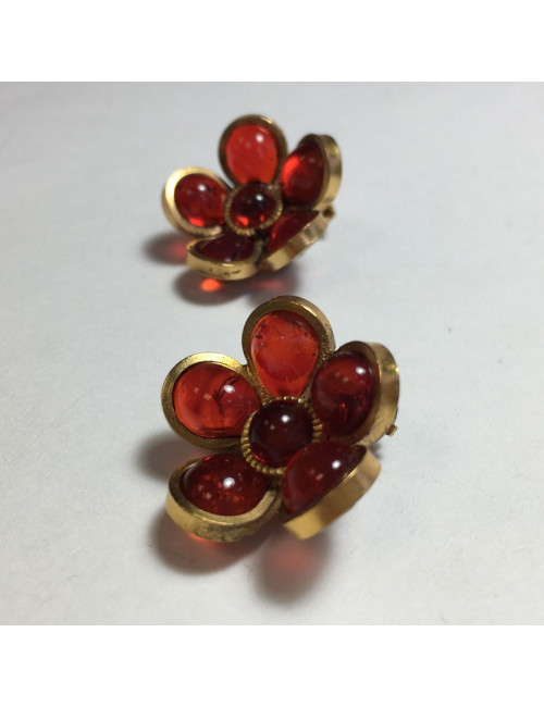 xxx Boucles d'oreille clips MARGUERITE DE VALOIS fleurette en pâte de verre rouge ambré