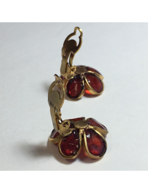 xxx Boucles d'oreille clips MARGUERITE DE VALOIS fleurette en pâte de verre rouge ambré