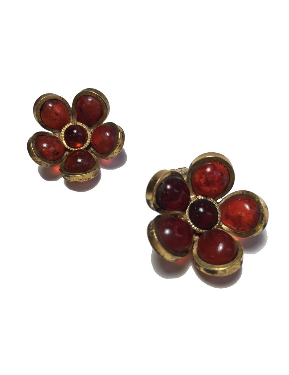 xxx Boucles d'oreille clips MARGUERITE DE VALOIS fleurette en pâte de verre rouge ambré