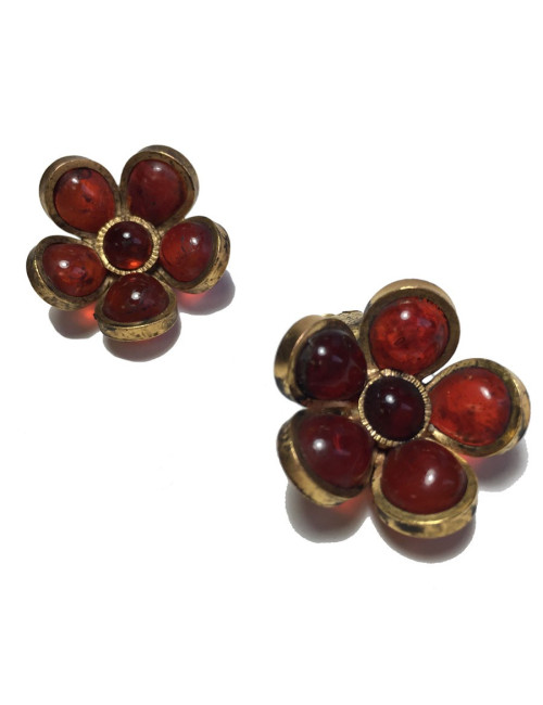xxx Boucles d'oreille clips MARGUERITE DE VALOIS fleurette en pâte de verre rouge ambré