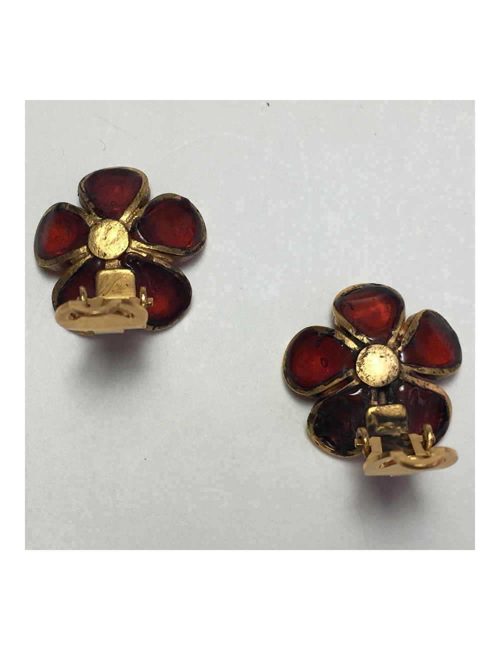 xxx Boucles d'oreille clips MARGUERITE DE VALOIS fleurette en pâte de verre rouge ambré
